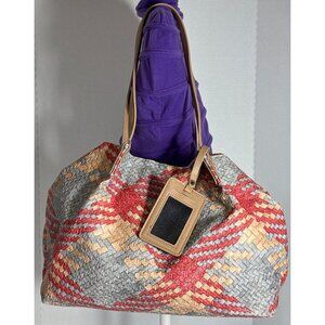 Gai Designer Woven Tote Bag With Multicolor Pattern & Faux Leather Straps